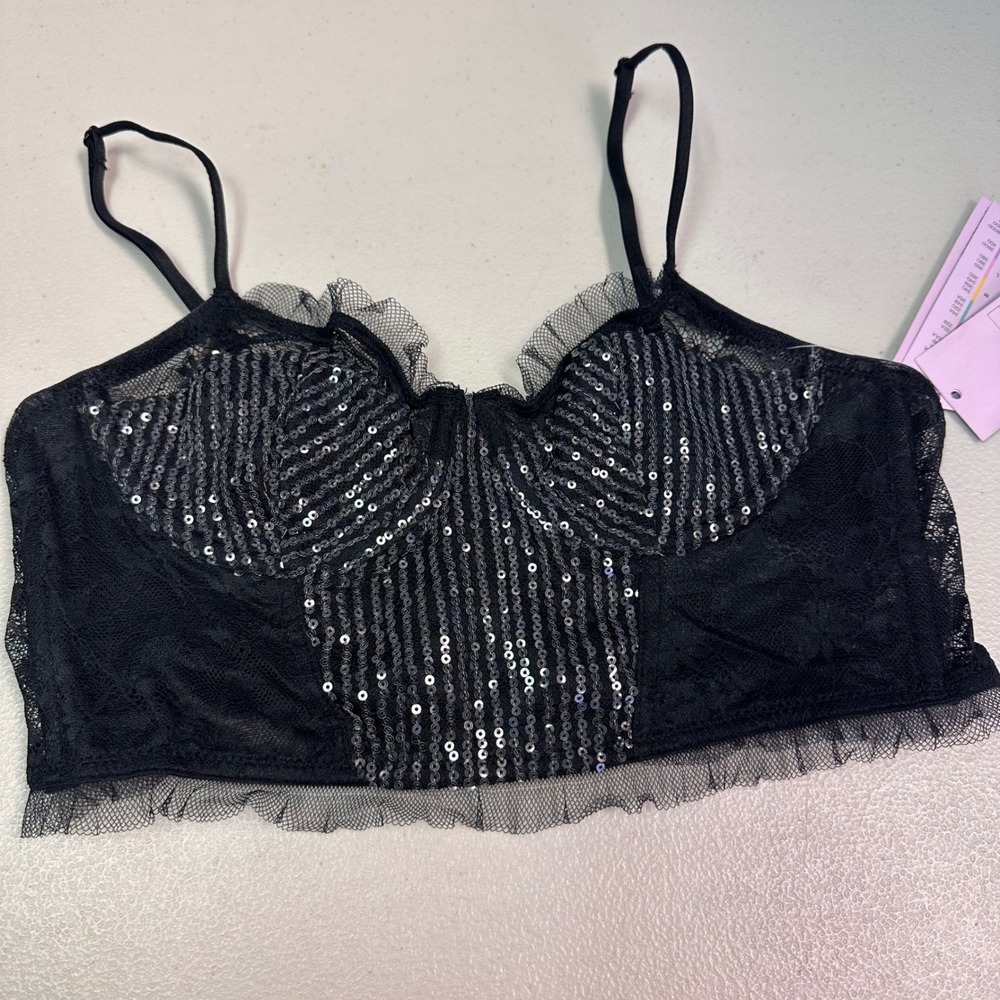 Wild Fable‎ Black Lace Sequin Longline Bralette XS Festival Mesh Ruffle Trim New